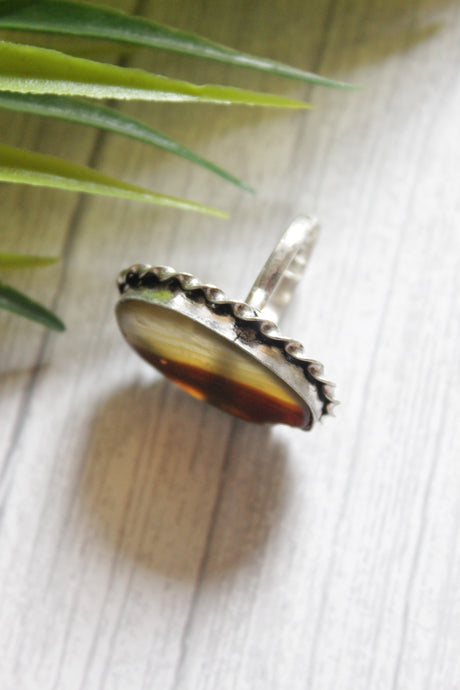Brown Shaded Center Stone Oval Adjustable Size Oxidised Finish Statement Ring