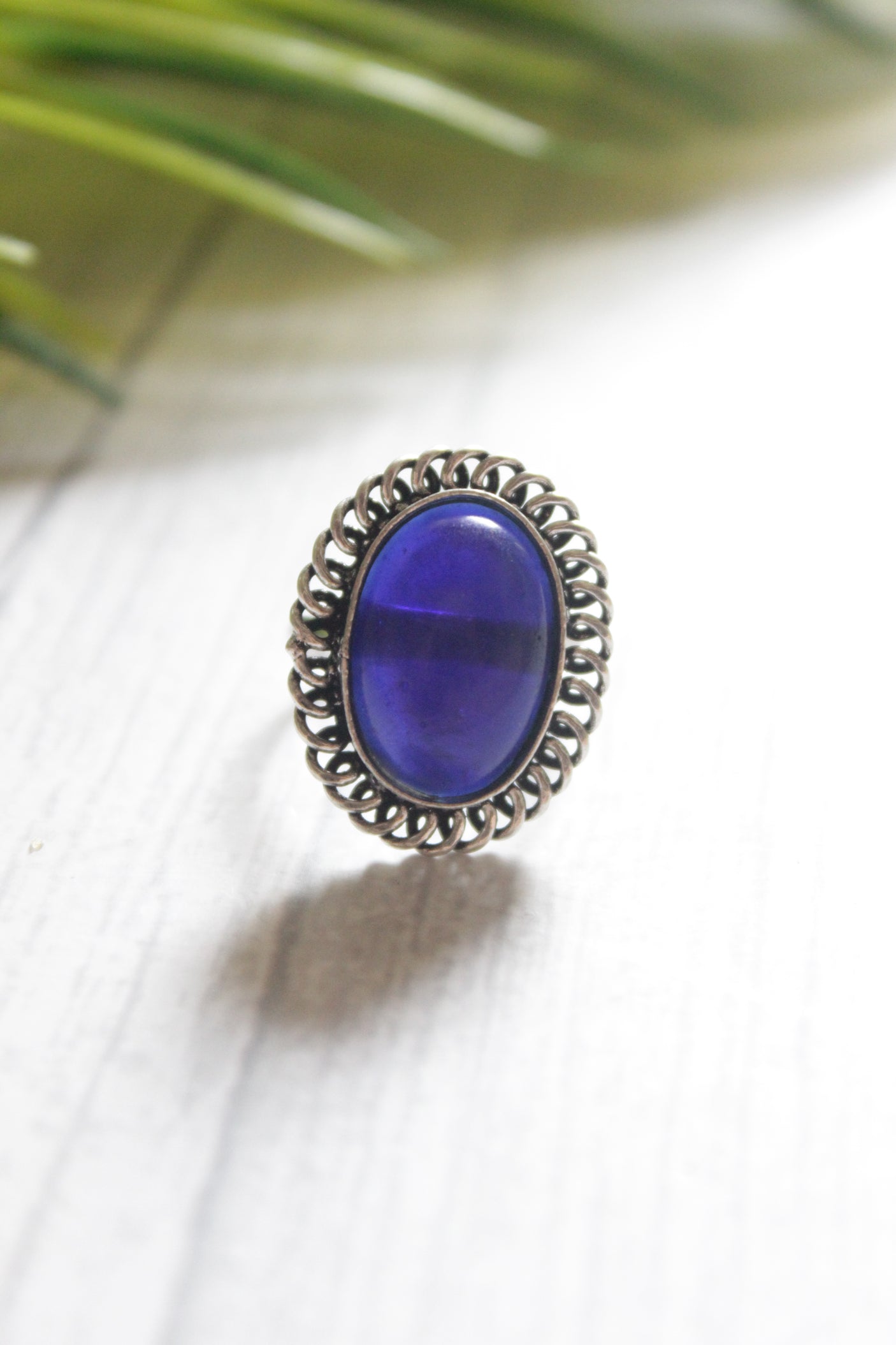 Purple Center Stone Oval Adjustable Size Oxidised Finish Statement Ring
