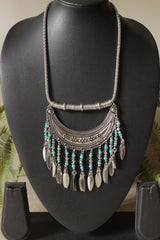 Crescent Moon Shape Oxidised Finish Metal Long Chain Statement Boho Necklace