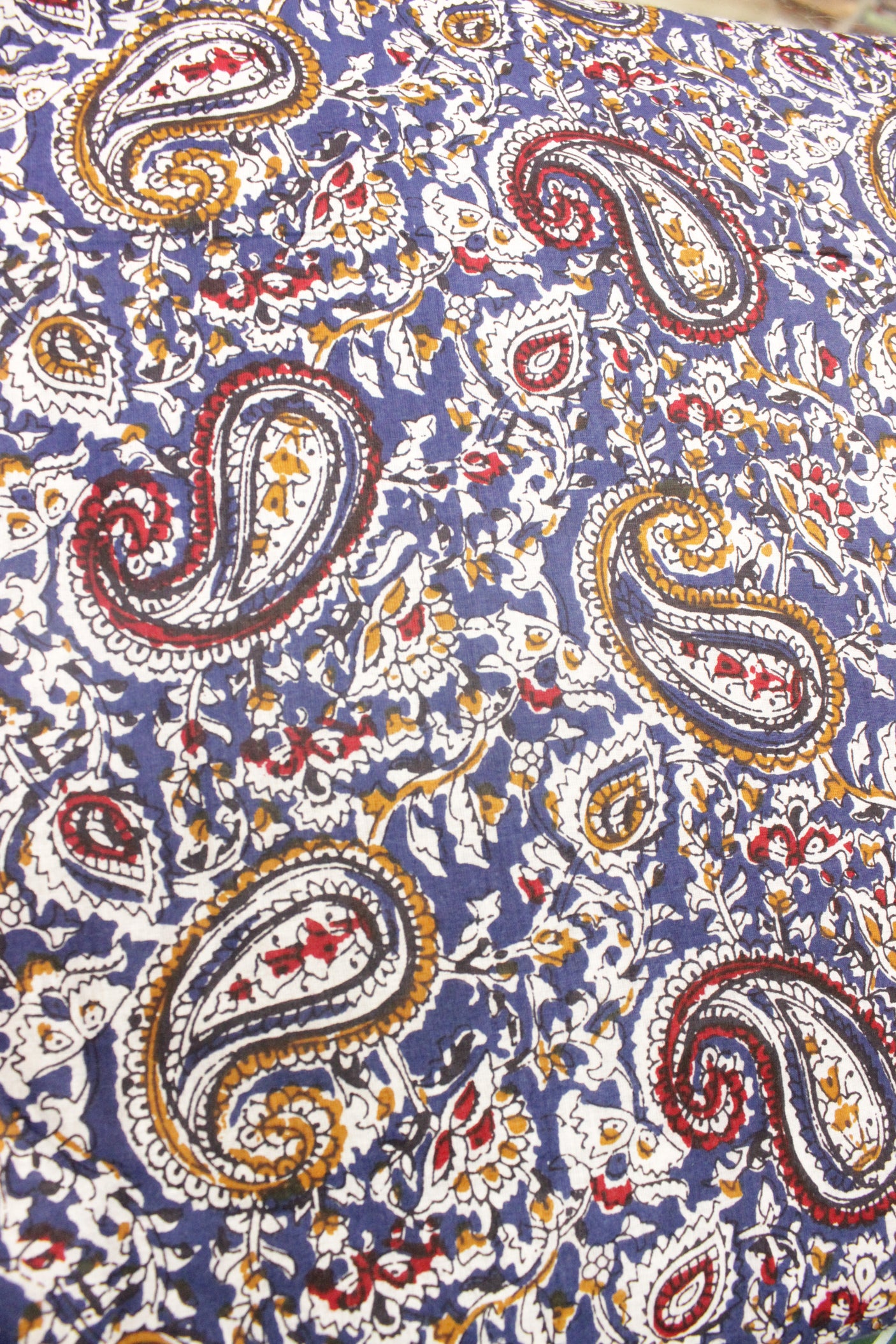 Purply Blue with Red and Mustard Kalamkari Pattern Digital Print Premium Cotton Fabric with Peacock Motifs