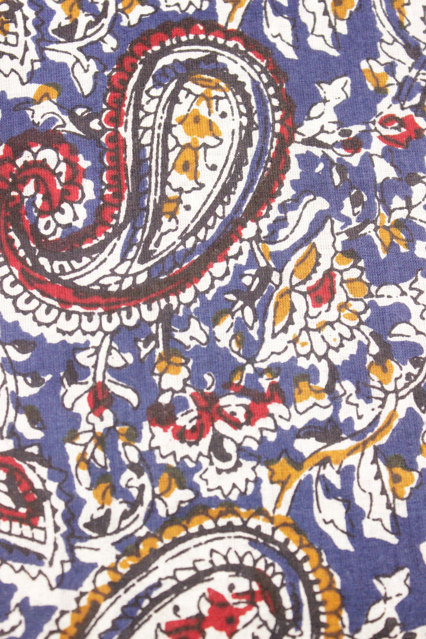 Purply Blue with Red and Mustard Kalamkari Pattern Digital Print Premium Cotton Fabric with Peacock Motifs