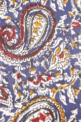 Purply Blue with Red and Mustard Kalamkari Pattern Digital Print Premium Cotton Fabric with Peacock Motifs