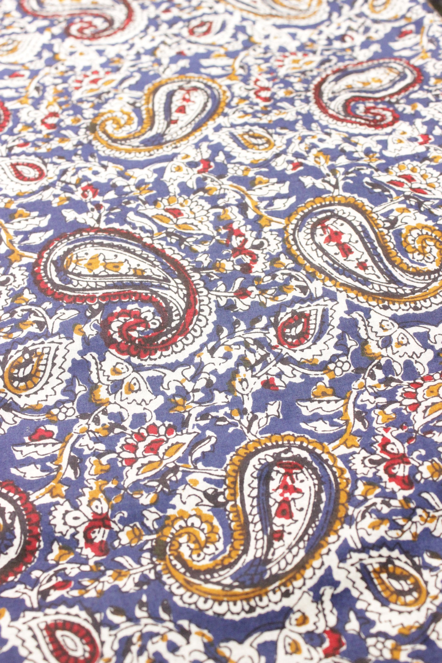 Purply Blue with Red and Mustard Kalamkari Pattern Digital Print Premium Cotton Fabric with Peacock Motifs