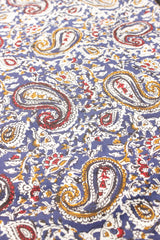 Purply Blue with Red and Mustard Kalamkari Pattern Digital Print Premium Cotton Fabric with Peacock Motifs