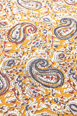 Yellowish Orange with Red and Purply Blue Kalamkari Pattern Digital Print Premium Cotton Fabric with Peacock Motifs