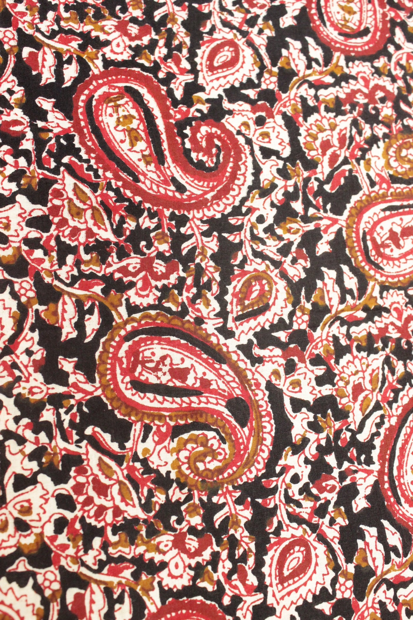 Dune Black with Mustard and Red Earthy Tones Kalamkari Pattern Digital Print Premium Cotton Fabric with Peacock Motifs