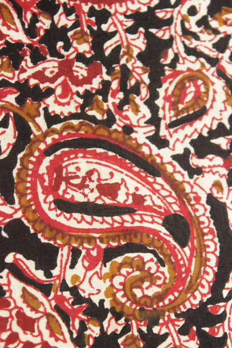 Dune Black with Mustard and Red Earthy Tones Kalamkari Pattern Digital Print Premium Cotton Fabric with Peacock Motifs