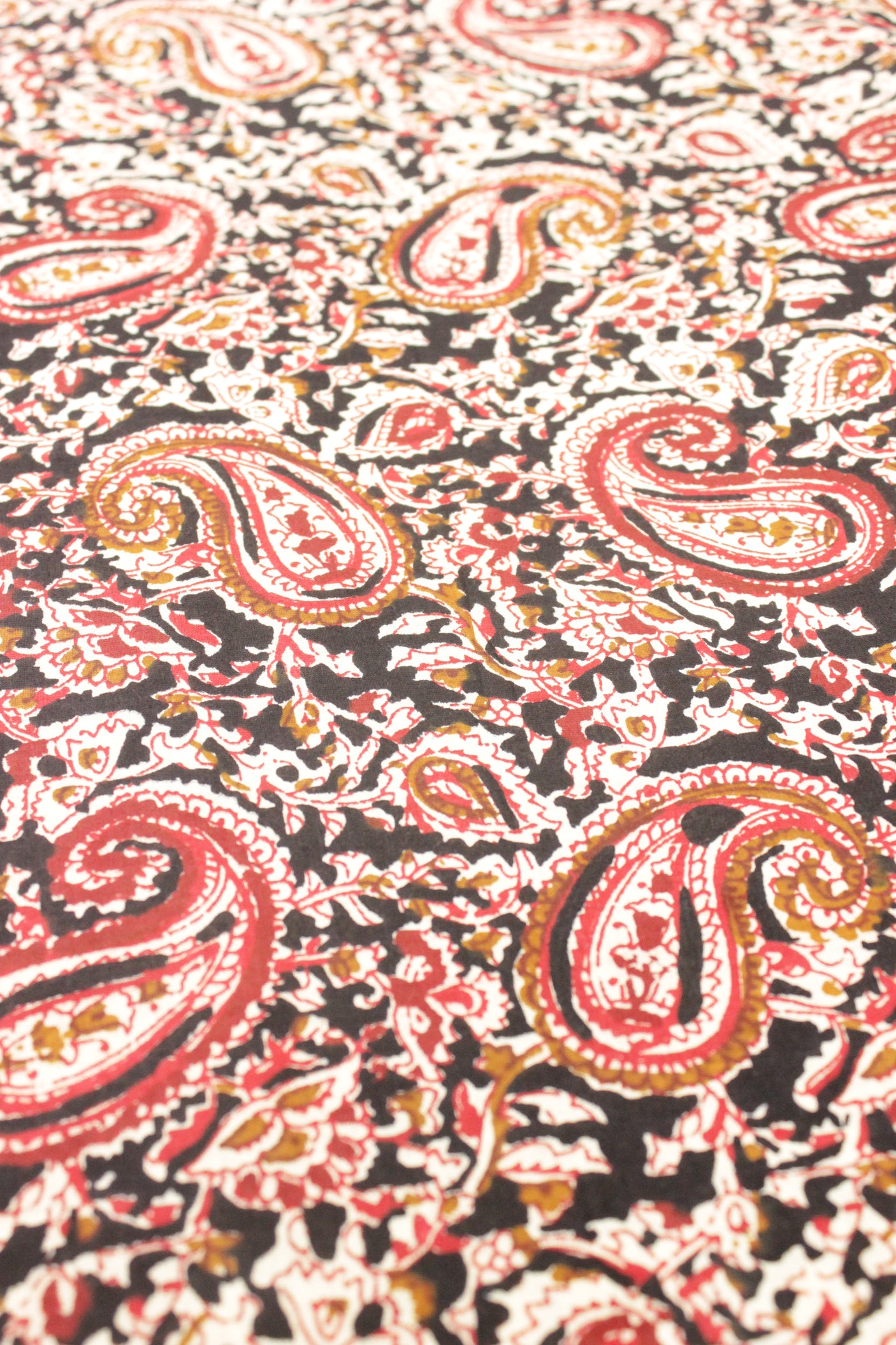 Dune Black with Mustard and Red Earthy Tones Kalamkari Pattern Digital Print Premium Cotton Fabric with Peacock Motifs