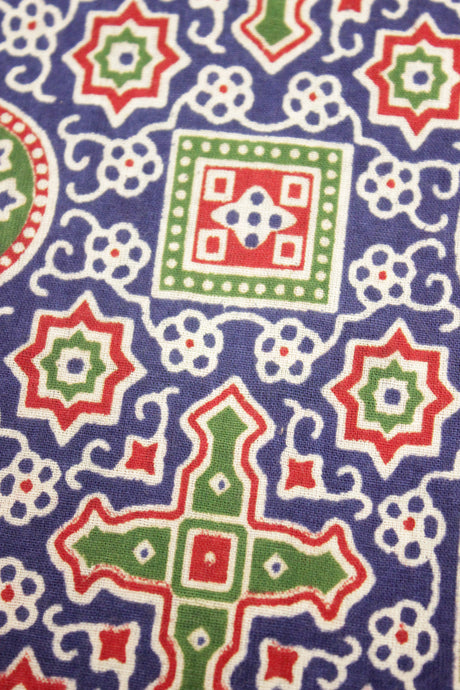 Bluish Purple with Green and Pale Red Earthy Tones Block Printed Digital Print Premium Cotton Fabric
