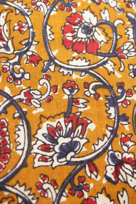 Dusty Orange Flower Vines Block Printed Premium Cotton Unstiched Fabric