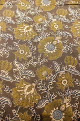 Irish Coffee with Olive Big Block Printed Flower Vines Premium Cotton Unstiched Fabric