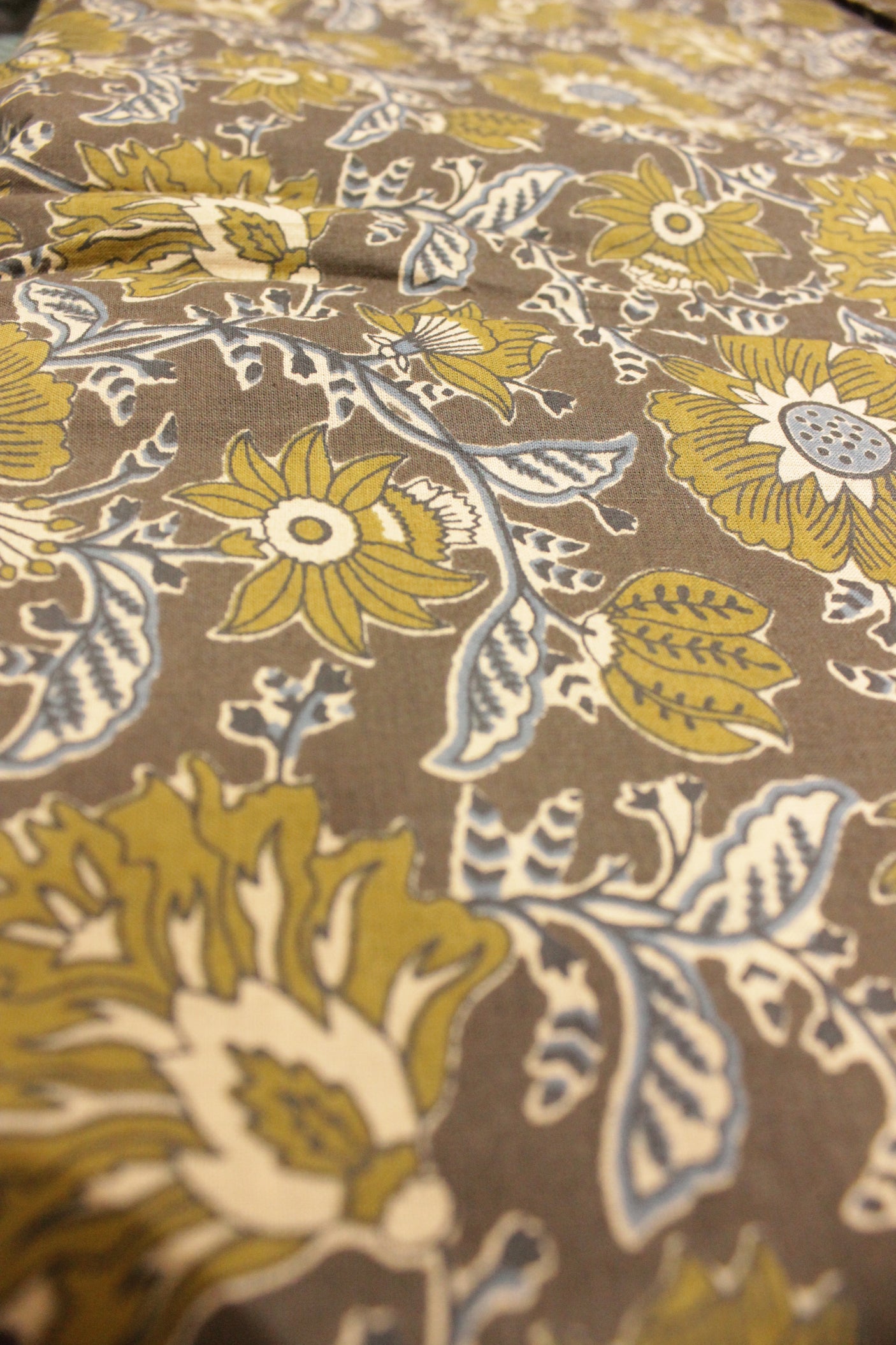 Irish Coffee with Olive Big Block Printed Flower Vines Premium Cotton Unstiched Fabric