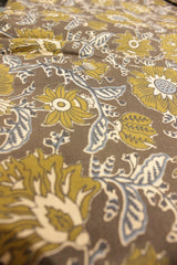 Irish Coffee with Olive Big Block Printed Flower Vines Premium Cotton Unstiched Fabric