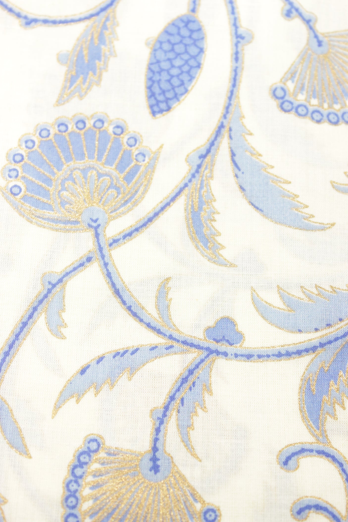 Vista White All Over Teal Blue Flower Vines Printed Premium Cotton Unstitched Fabric