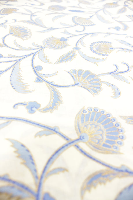 Vista White All Over Teal Blue Flower Vines Printed Premium Cotton Unstitched Fabric