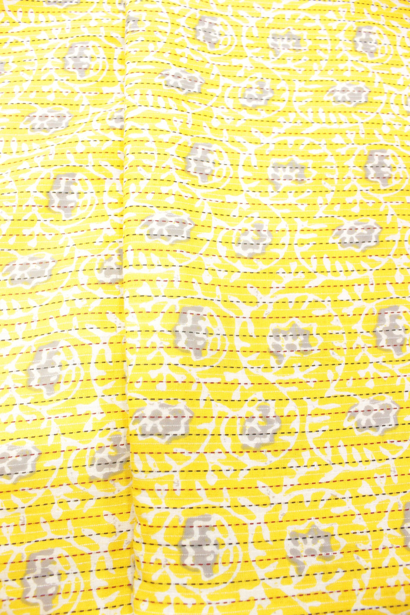 Light Yellow with All Over Dull Flowers Printed Kantha Work Premium Cotton Unstitched Fabric