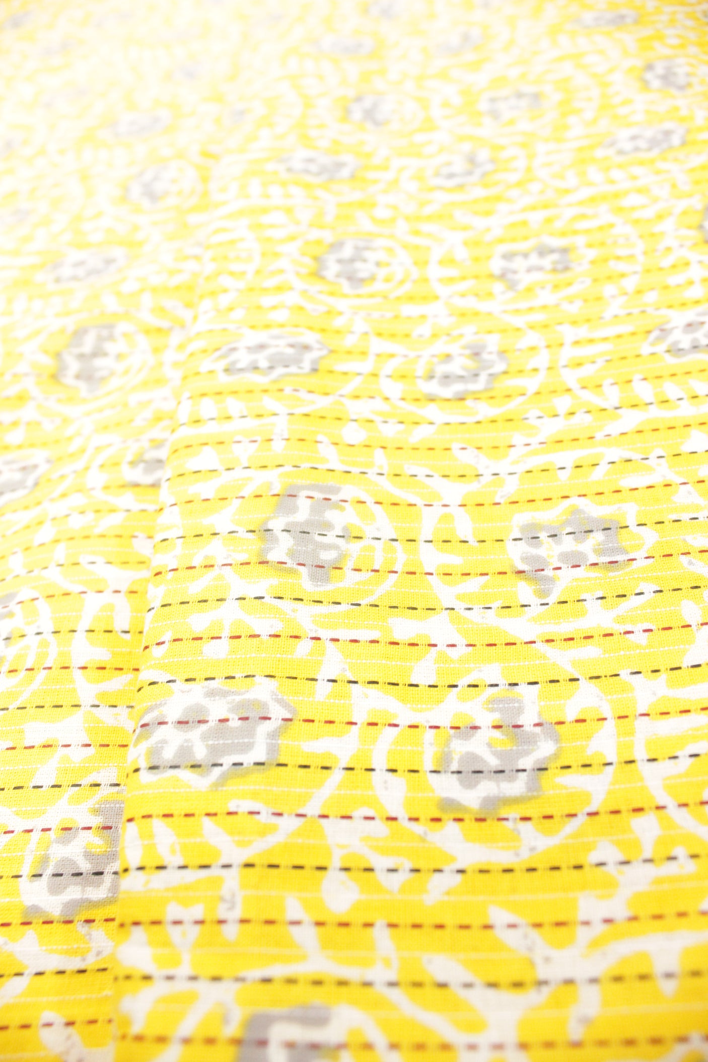 Light Yellow with All Over Dull Flowers Printed Kantha Work Premium Cotton Unstitched Fabric