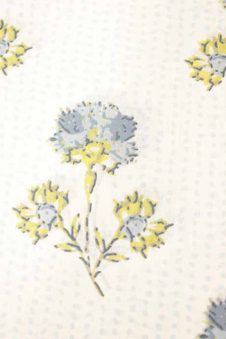 Vista White with All Over Flowers Printed Kantha Work Premium Cotton Unstitched Fabric