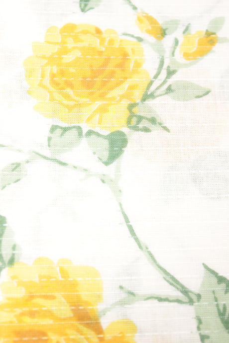 White with All Over Pastel Yellow and Green Flowers Printed Kantha Work Premium Cotton Unstitched Fabric