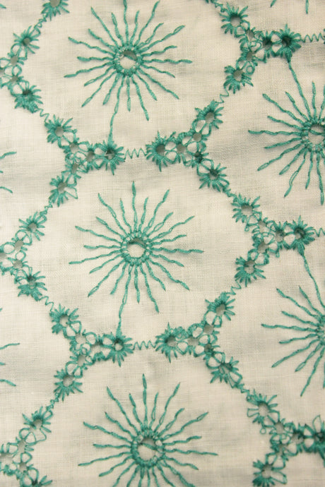 Off-White with All Over Green Thread Hand Embroidered Flowers Premium Cotton Unstitched Fabric