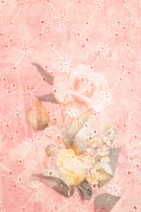Pale Pink Chikankari Hand Work with Block Printed Flowers Premium Cotton Unstitched Fabric