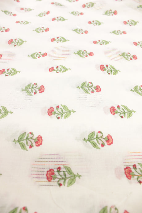 Off-White Fabric with Flower Printed Booties and Silver Zari Work Premium Woven Cotton Unstitched Fabric