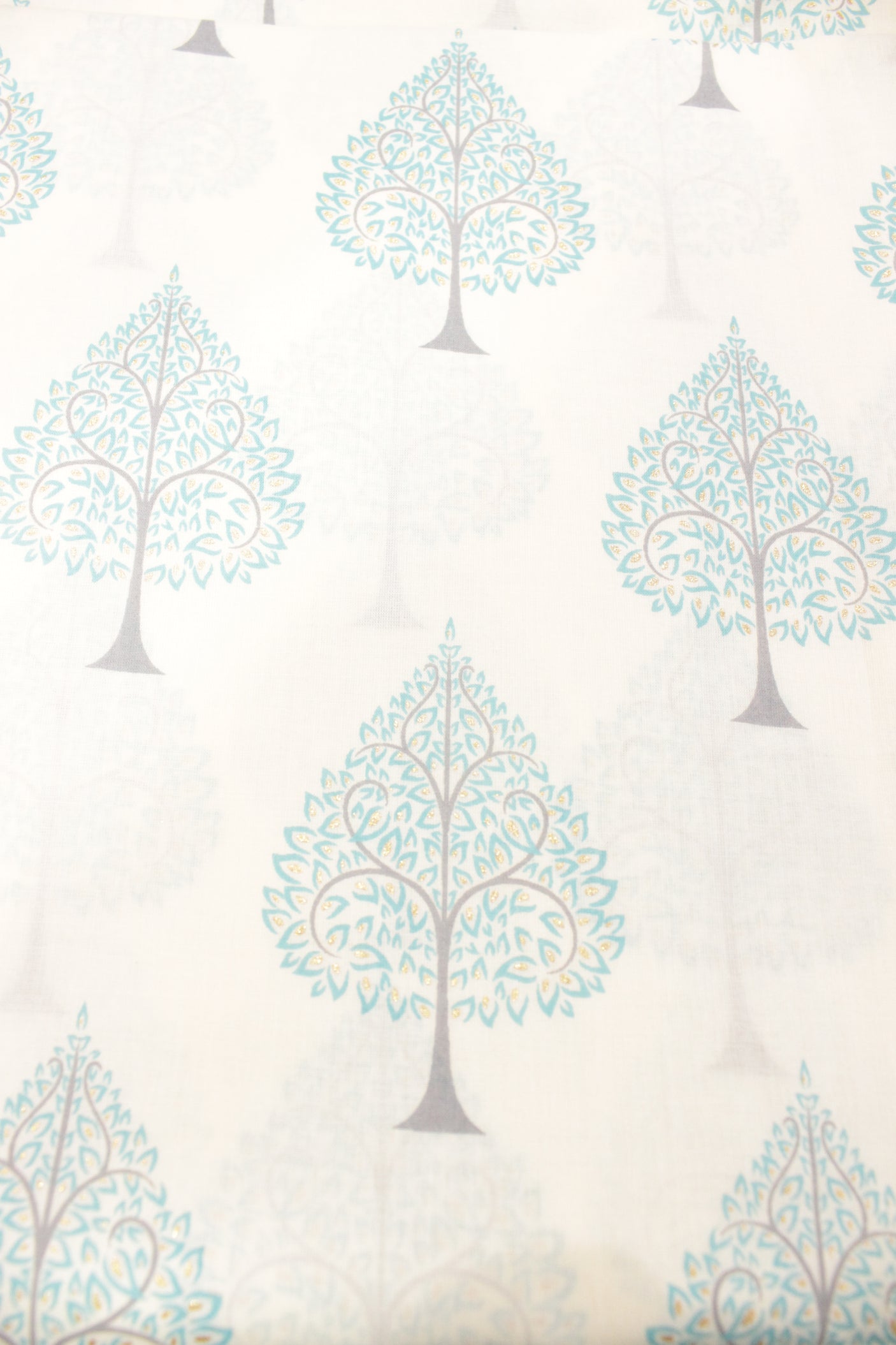 Off-White Cotton Fabric with Teal Pine Trees Printed All Over Premium Unstitched Fabric