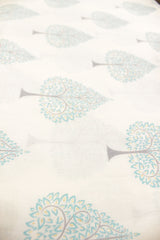 Off-White Cotton Fabric with Teal Pine Trees Printed All Over Premium Unstitched Fabric
