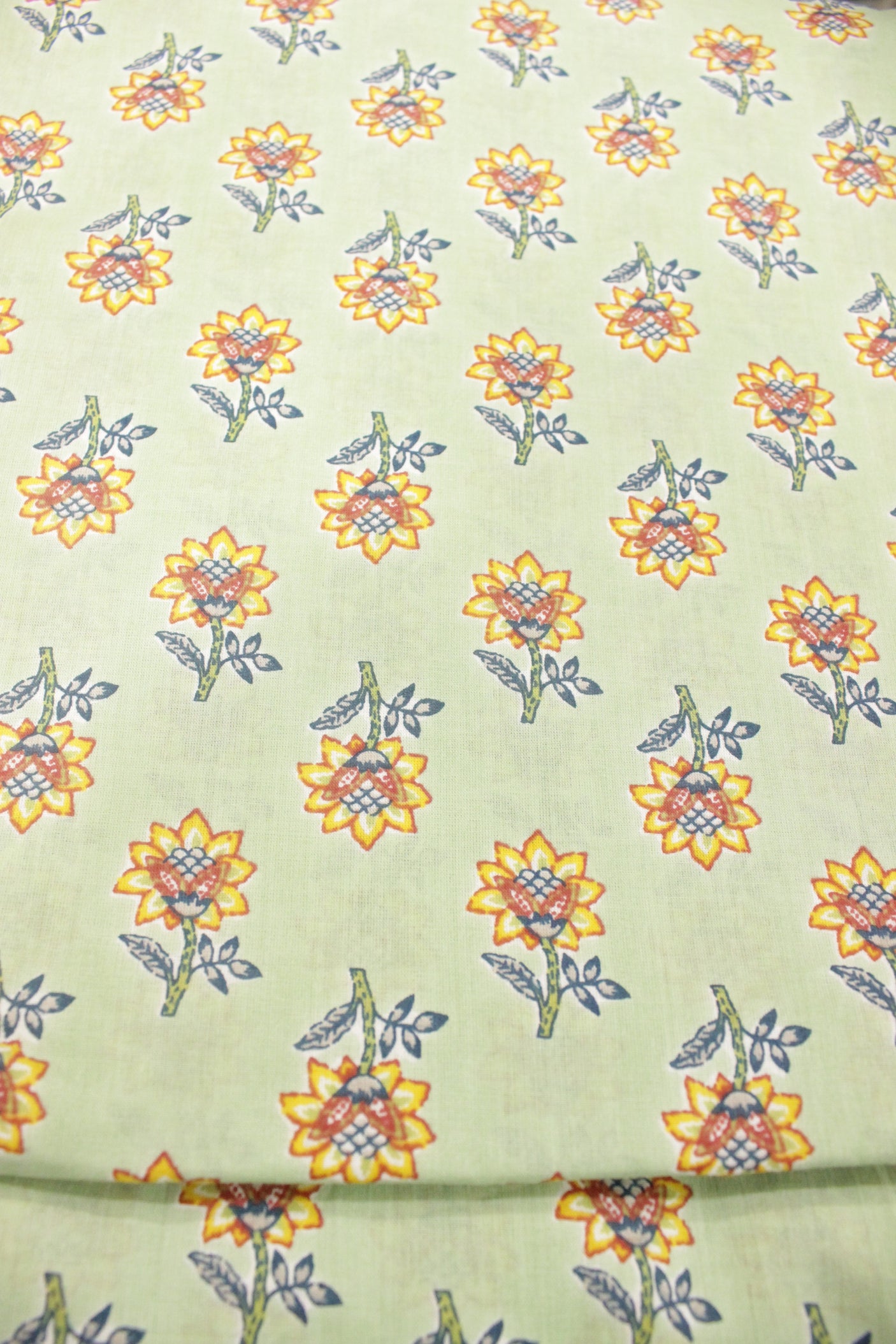 Coriander Green Cotton Fabric with Flowers Printed All Over Premium Unstitched Fabric