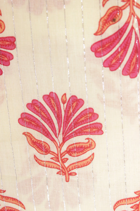 Off-White Cotton Fabric with Flowers Printed All Over and Silver Zari Work Premium Unstitched Fabric