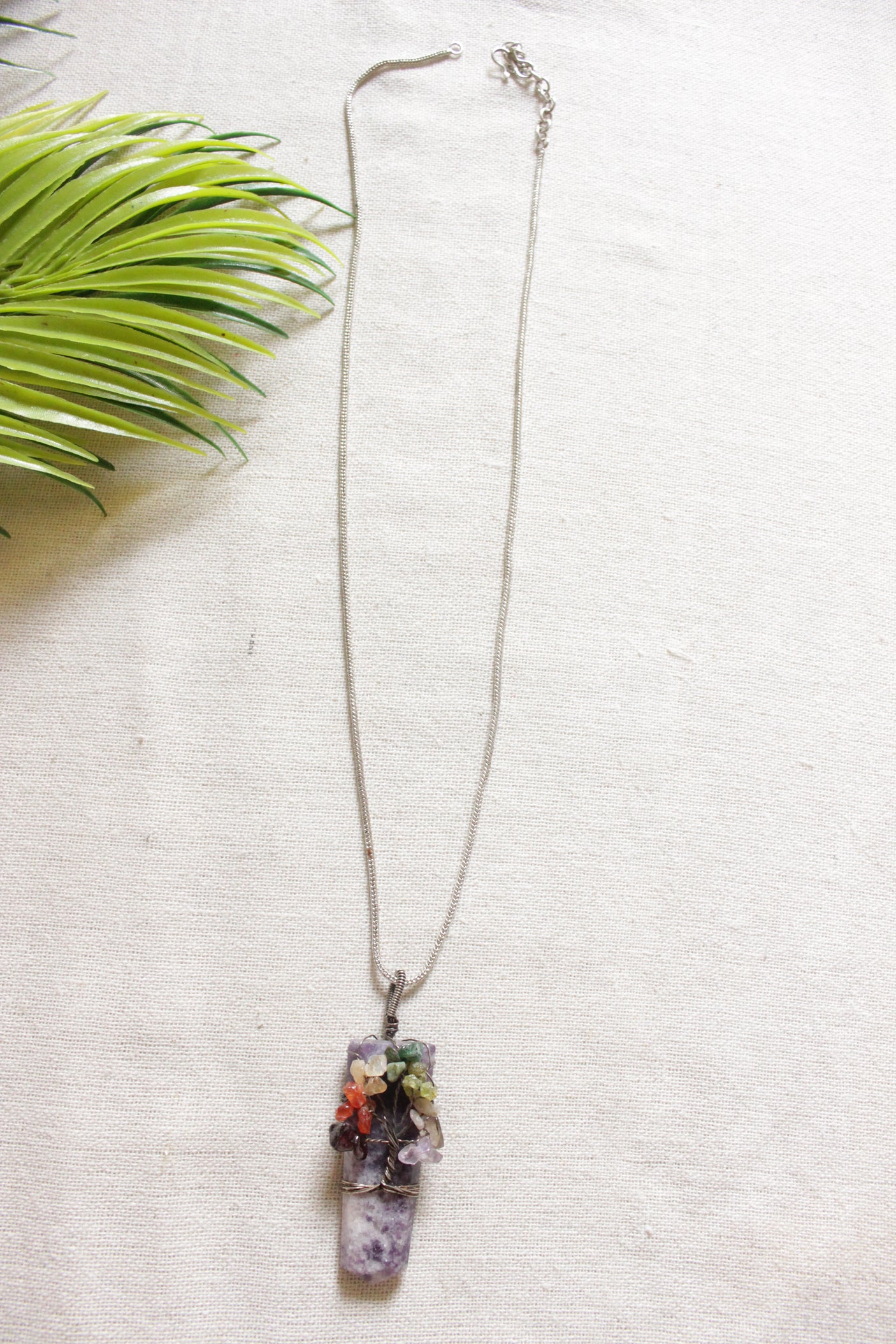 7 Chakra Tree of Life Wrapped on Purple Shaded Natural Gemstone Pendant Silver Finish Brass Chain Necklace