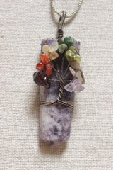 7 Chakra Tree of Life Wrapped on Purple Shaded Natural Gemstone Pendant Silver Finish Brass Chain Necklace