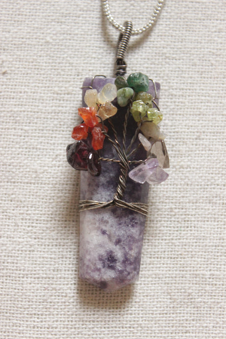 7 Chakra Tree of Life Wrapped on Purple Shaded Natural Gemstone Pendant Silver Finish Brass Chain Necklace