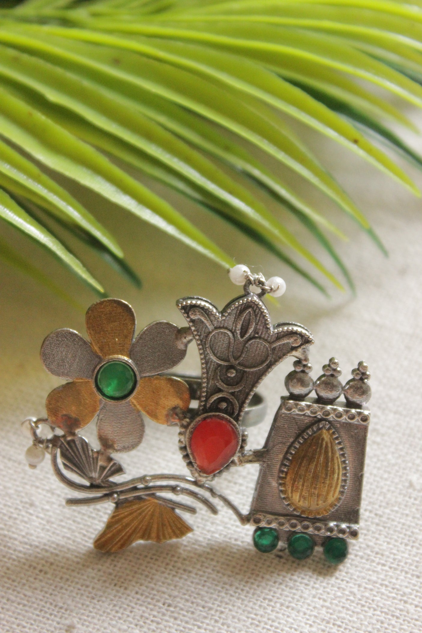 Dual Tone Premium Metal Green Stones Embedded Statement Cocktail Ring