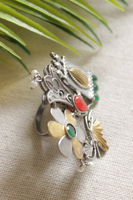 Dual Tone Premium Metal Green Stones Embedded Statement Cocktail Ring