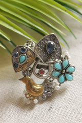 Dual Tone Premium Metal Bird Motif Blue Stones Embedded Statement Cocktail Ring