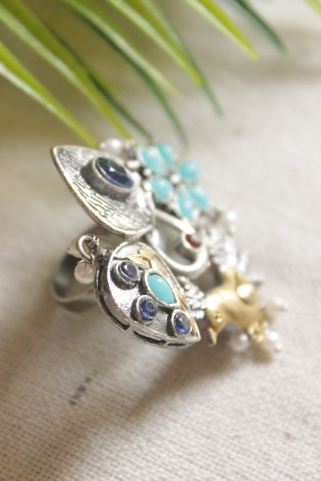 Dual Tone Premium Metal Bird Motif Blue Stones Embedded Statement Cocktail Ring