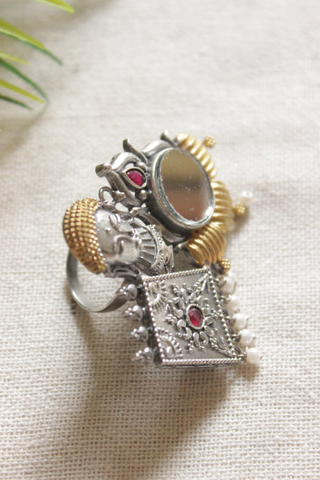 Dual Tone Premium Metal Buddha Motif White and Pink Stones Embedded Statement Cocktail Ring