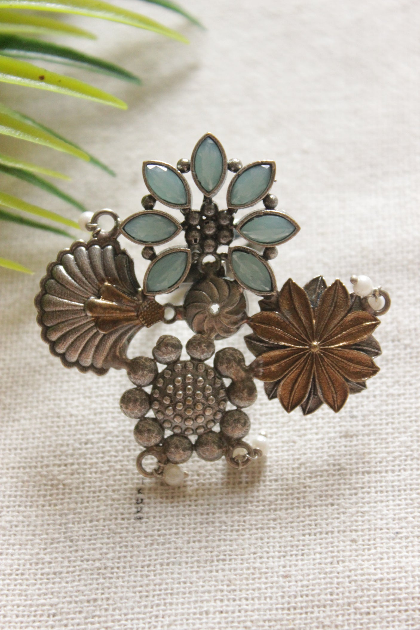 Dual Tone Premium Metal Flower Motifs Blue Stones Embedded Statement Cocktail Ring