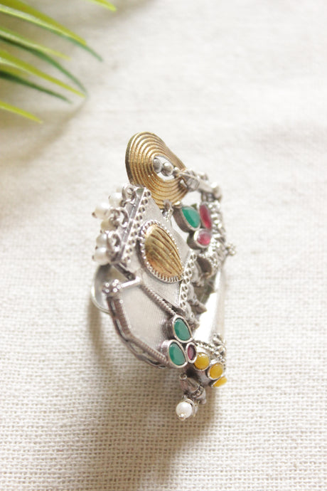 Dual Tone Premium Abstract Motifs Green, Pink and Yellow Stones Embedded Statement Cocktail Ring