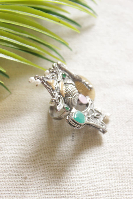 Dual Tone Premium Abstract Motifs Green Stones Embedded Statement Cocktail Ring