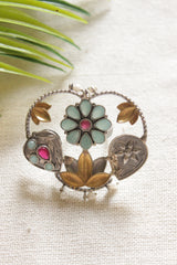 Dual Tone Premium Basket of Flowers Blue and Pink Stones Embedded Statement Cocktail Ring
