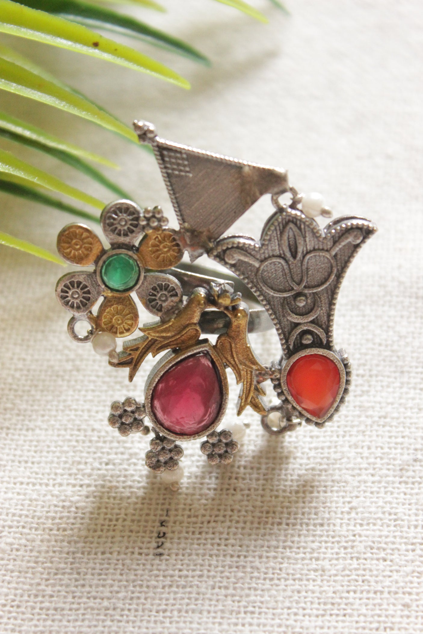 Dual Tone Premium Bird Motif Orange, Pink and Green Stones Embedded Statement Cocktail Ring
