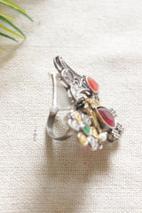 Dual Tone Premium Bird Motif Orange, Pink and Green Stones Embedded Statement Cocktail Ring