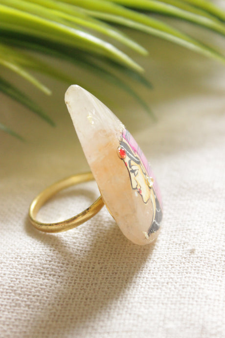 Hand Painted Woman  Tear Drop Shape Statement Adjustable Marble Ring