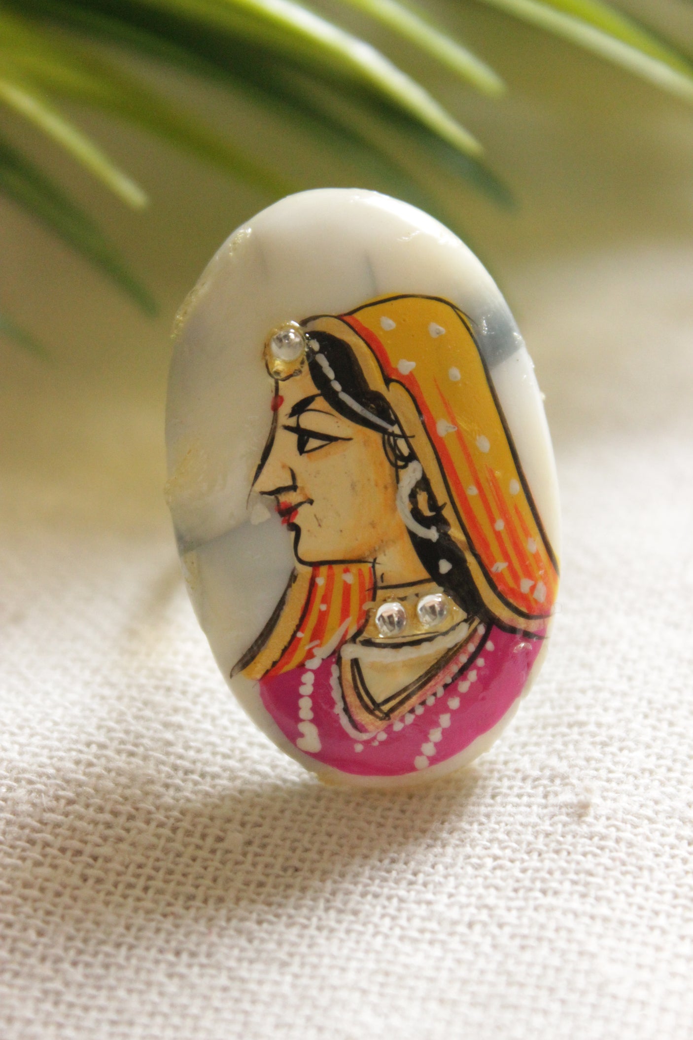 Hand Painted Traditional Woman Oval Shape Statement Adjustable Marble Ring