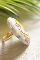 Hand Painted Traditional Woman Oval Shape Statement Adjustable Marble Ring