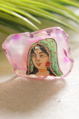 Hand Painted Traditional Woman on Abstract Shape Acrylic Statement Adjustable Ring