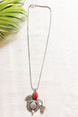 Tea Kettle and Cup Shape Petite Silver Chain Oxidised Finish Necklace Embellished with Red Stone