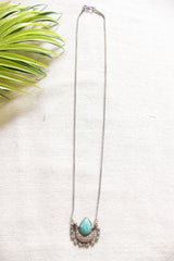 Peacock Feather Shape Petite Silver Chain Oxidised Finish Necklace Embellished with Turquoise Stone